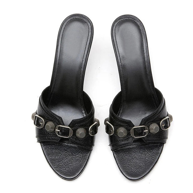 Rivet Buckle Heels Slippers - VOLDRI