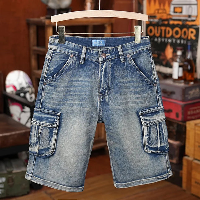 American Style Workwear Denim Shorts Summer Elastic Outdoor Trendy Brand Multi-pocket Loose Shorts Y2k Street Knee-high Pants -   | Stylish & Elegant Fashion by Voldri