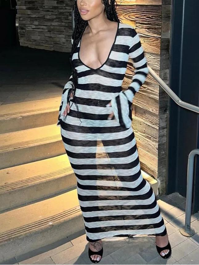 V Neck Striped Bodycon Long Dress - VOLDRI