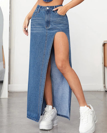 Denim Split Midi Skirt - VOLDRI