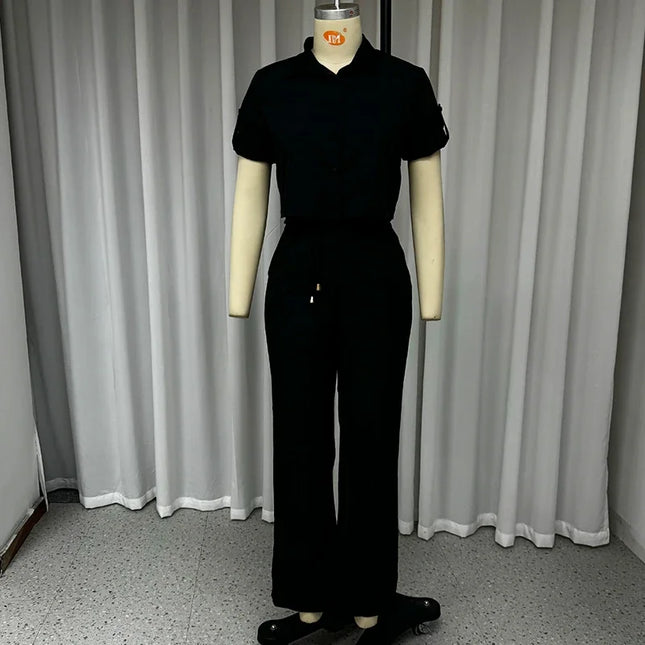 Lapel Top + Belt + Pants Set