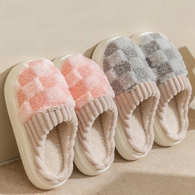 Slide Plaid Fluffy Slippers