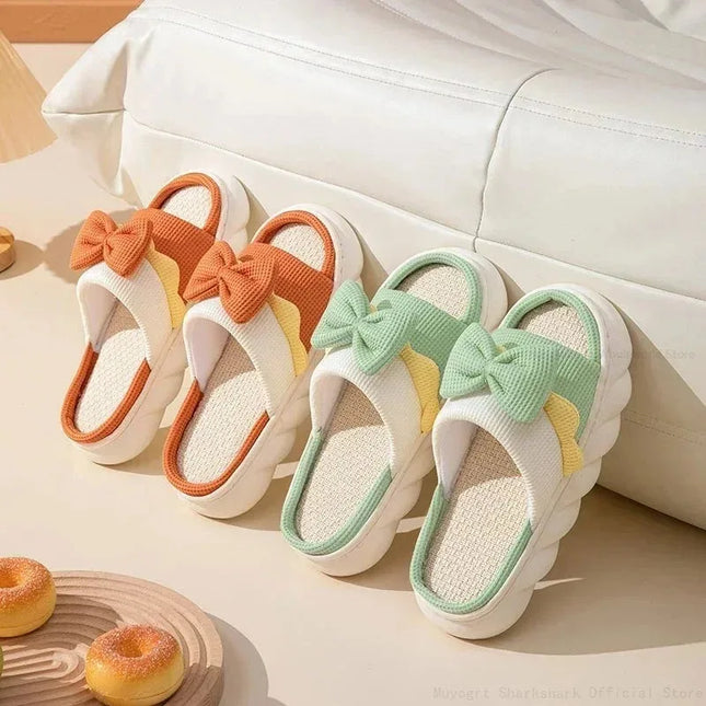 Linen Bowknot Flat Slippers