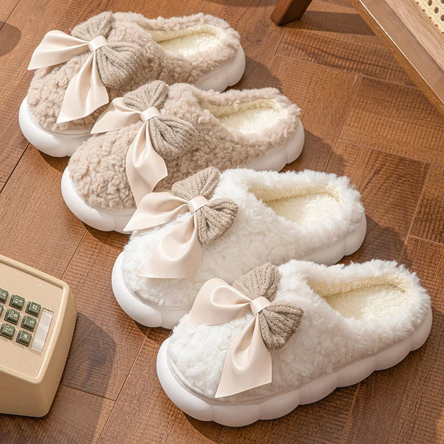 Fur Bow Plush Slippers