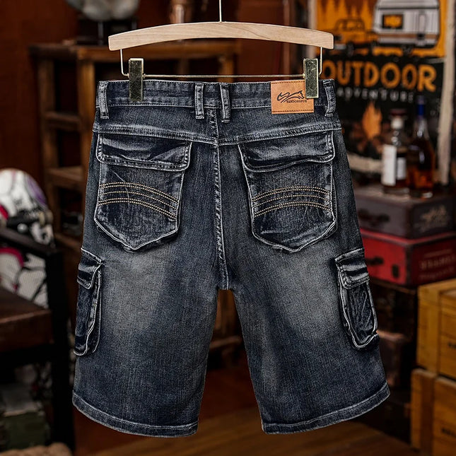 American Style Workwear Denim Shorts Summer Elastic Outdoor Trendy Brand Multi-pocket Loose Shorts Y2k Street Knee-high Pants -   | Stylish & Elegant Fashion by Voldri