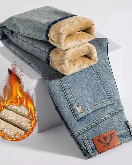 Winter Fleecy Thickened Warm Jeans Vintage Brand Classic Retro Youth Fashion Men Fit Straight Leg Casual Stretch Denim Pants -   | Stylish & Elegant Fashion by Voldri