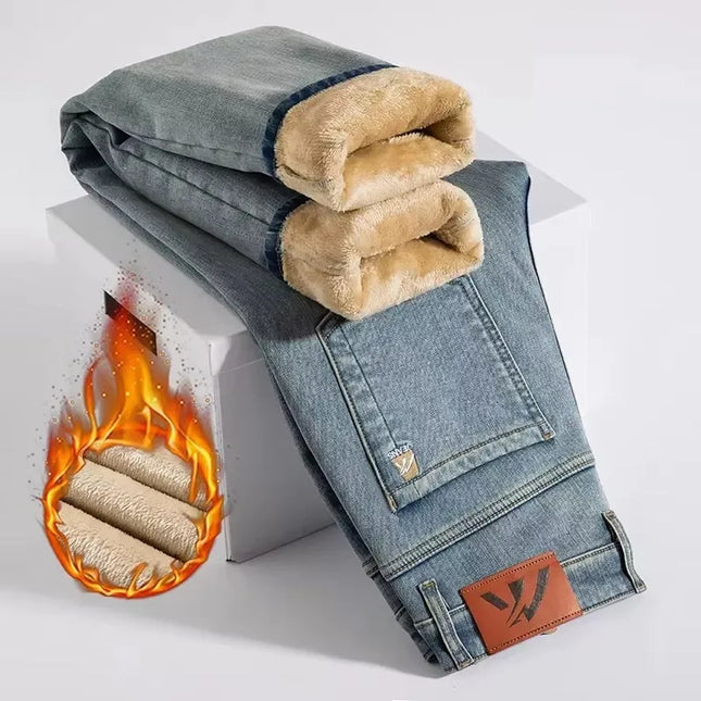 Winter Fleecy Thickened Warm Jeans Vintage Brand Classic Retro Youth Fashion Men Fit Straight Leg Casual Stretch Denim Pants -   | Stylish & Elegant Fashion by Voldri