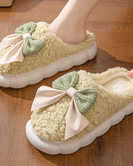 Fur Bow Plush Slippers