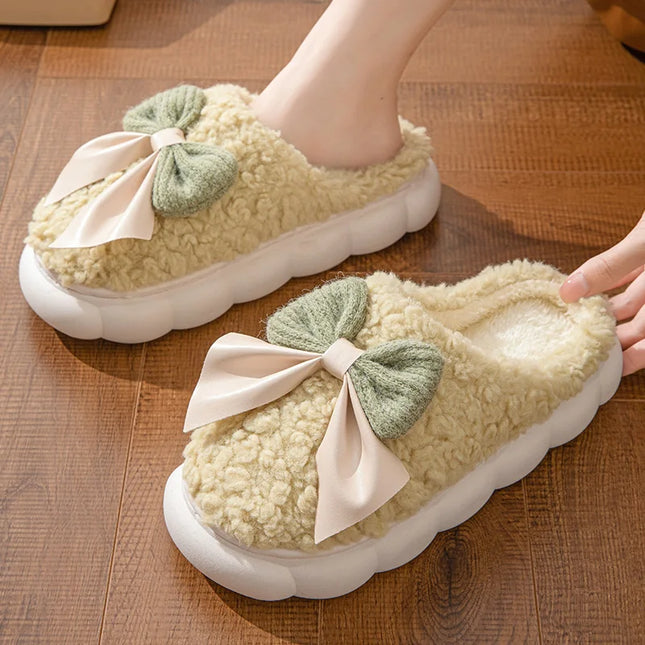 Fur Bow Plush Slippers