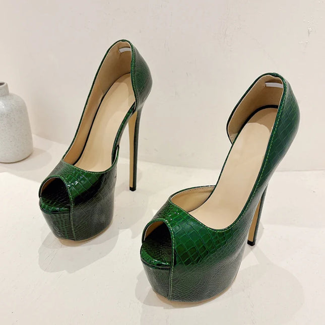 Green Snake Print Leather Platform Shoes - VOLDRI