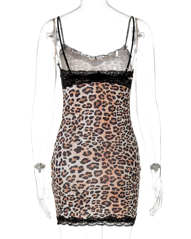 V Neck Lace Leopard Bodycon Mini Dress - VOLDRI