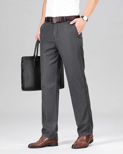 2024 New Men's Summer Thin Jeans Loose Stretch Large Size Ice Silk Straight Pants Elite Business Casual Pants Smoke Gray Blue -   | Stylish & Elegant Fashion by Voldri