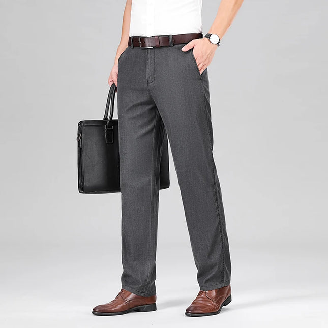 2024 New Men's Summer Thin Jeans Loose Stretch Large Size Ice Silk Straight Pants Elite Business Casual Pants Smoke Gray Blue -   | Stylish & Elegant Fashion by Voldri