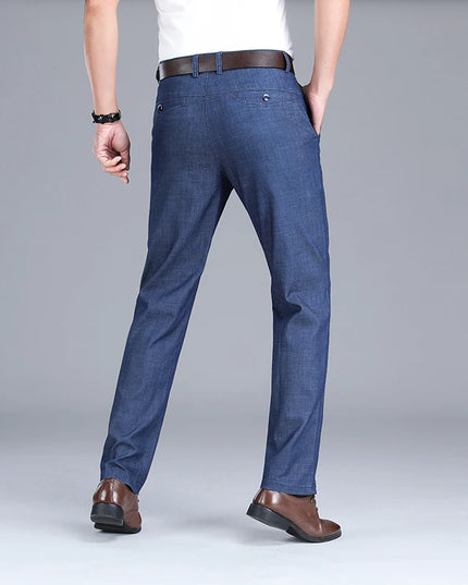 2024 New Men's Summer Thin Jeans Loose Stretch Large Size Ice Silk Straight Pants Elite Business Casual Pants Smoke Gray Blue -   | Stylish & Elegant Fashion by Voldri