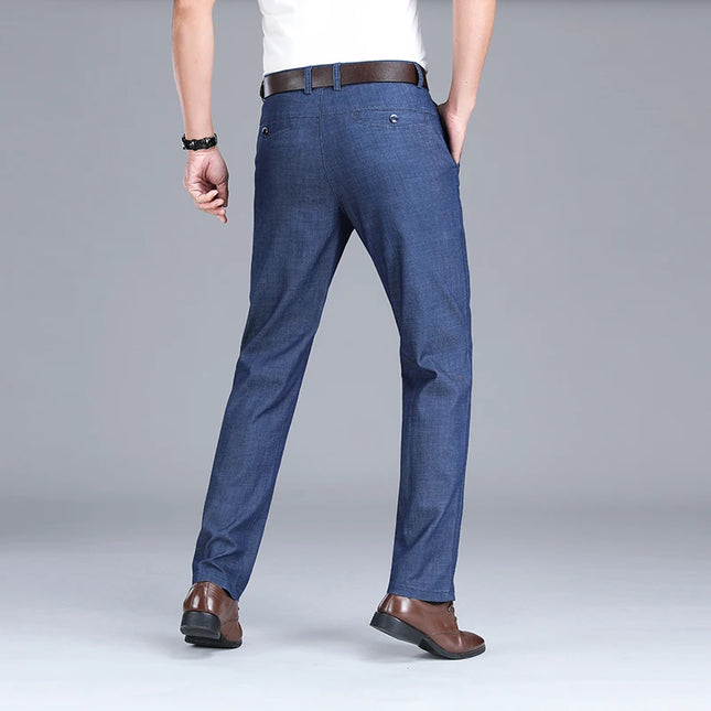 2024 New Men's Summer Thin Jeans Loose Stretch Large Size Ice Silk Straight Pants Elite Business Casual Pants Smoke Gray Blue -   | Stylish & Elegant Fashion by Voldri