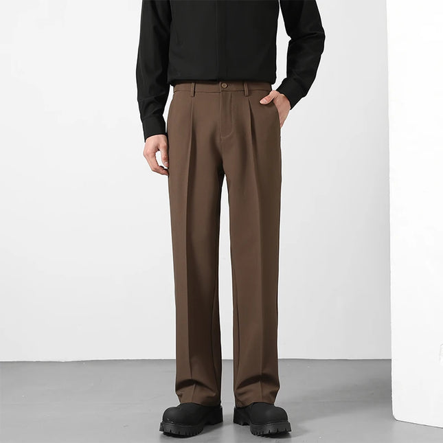 Spring and summer men's loose suit pants Korean style straight solid color drape elastic business office casual trousers brown -   | Stylish & Elegant Fashion by Voldri