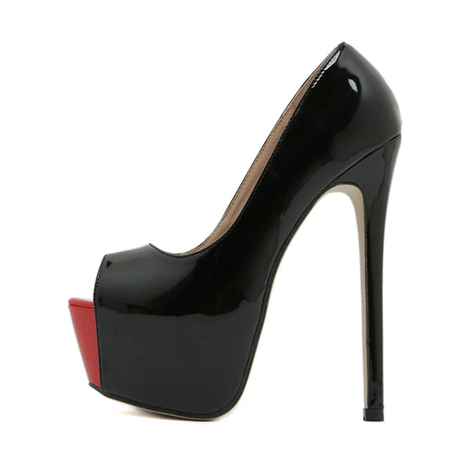 Black Red Leather Peep Toe Extreme High Heels - VOLDRI