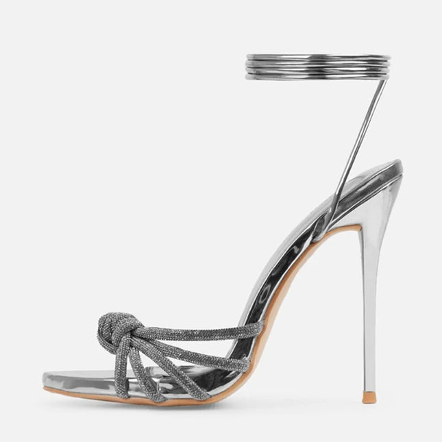 Silver Crystal Narrow Band Sandal Heels - VOLDRI