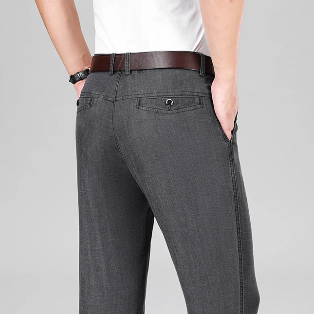2024 New Men's Summer Thin Jeans Loose Stretch Large Size Ice Silk Straight Pants Elite Business Casual Pants Smoke Gray Blue -   | Stylish & Elegant Fashion by Voldri