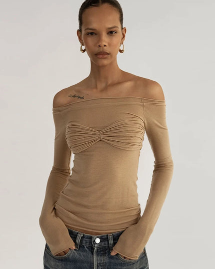 Off Shoulder Ruched Knit Tops - VOLDRI