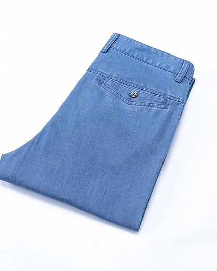 2024 New Men's Summer Thin Jeans Loose Stretch Large Size Ice Silk Straight Pants Elite Business Casual Pants Smoke Gray Blue -   | Stylish & Elegant Fashion by Voldri