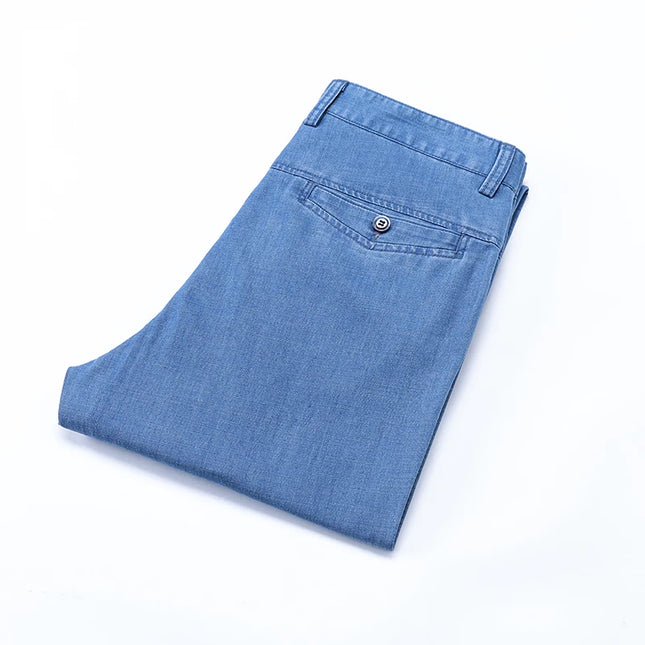 2024 New Men's Summer Thin Jeans Loose Stretch Large Size Ice Silk Straight Pants Elite Business Casual Pants Smoke Gray Blue -   | Stylish & Elegant Fashion by Voldri