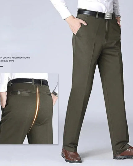 Men's Office Business 100% Cotton Pants Summer Thin & Autumn Thick High Waist Straight Loose Solid Bland Suit Slacks KOACUS