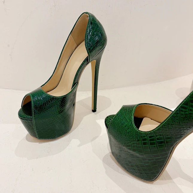 Green Snake Print Leather Platform Shoes - VOLDRI