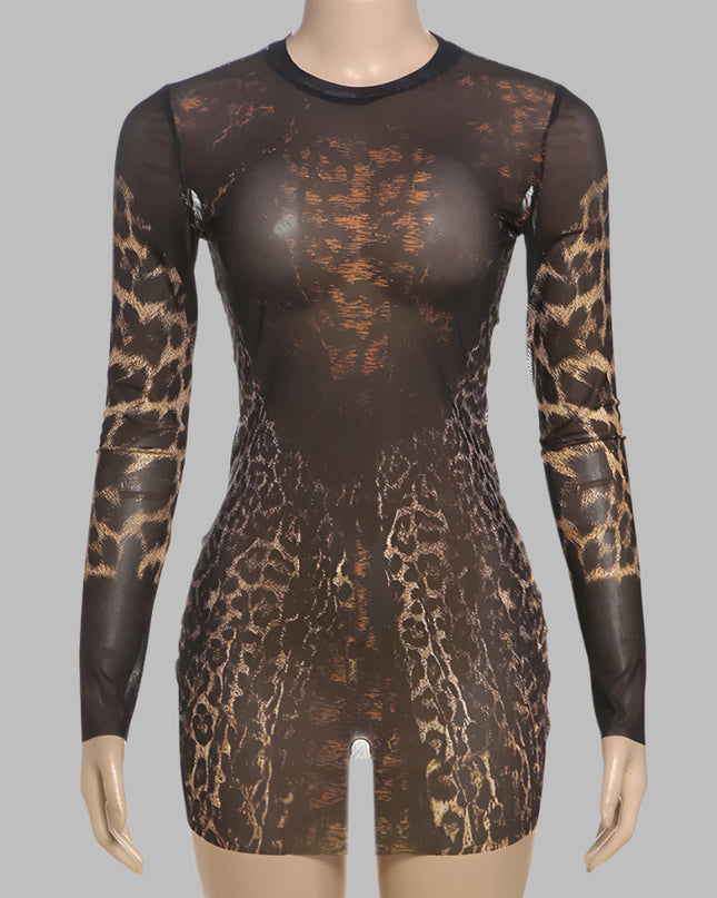 Mesh Leopard Print Mini Dress - VOLDRI