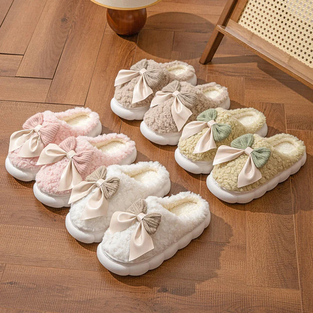 Fur Bow Plush Slippers