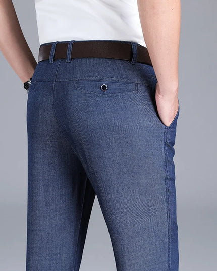 2024 New Men's Summer Thin Jeans Loose Stretch Large Size Ice Silk Straight Pants Elite Business Casual Pants Smoke Gray Blue -   | Stylish & Elegant Fashion by Voldri