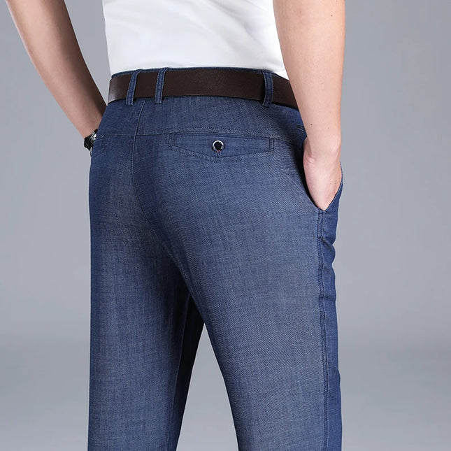 2024 New Men's Summer Thin Jeans Loose Stretch Large Size Ice Silk Straight Pants Elite Business Casual Pants Smoke Gray Blue -   | Stylish & Elegant Fashion by Voldri