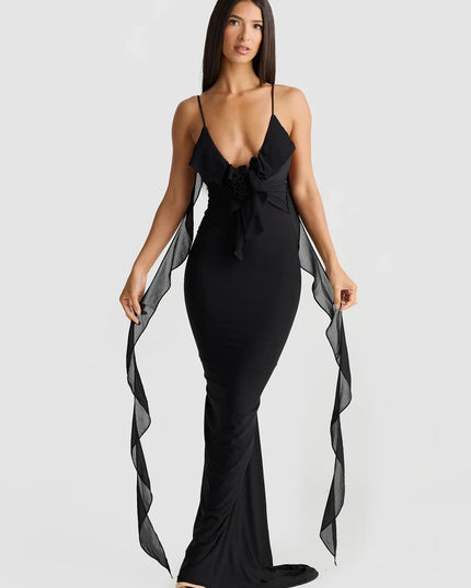 V Neck Bodycon  Long Dress - VOLDRI