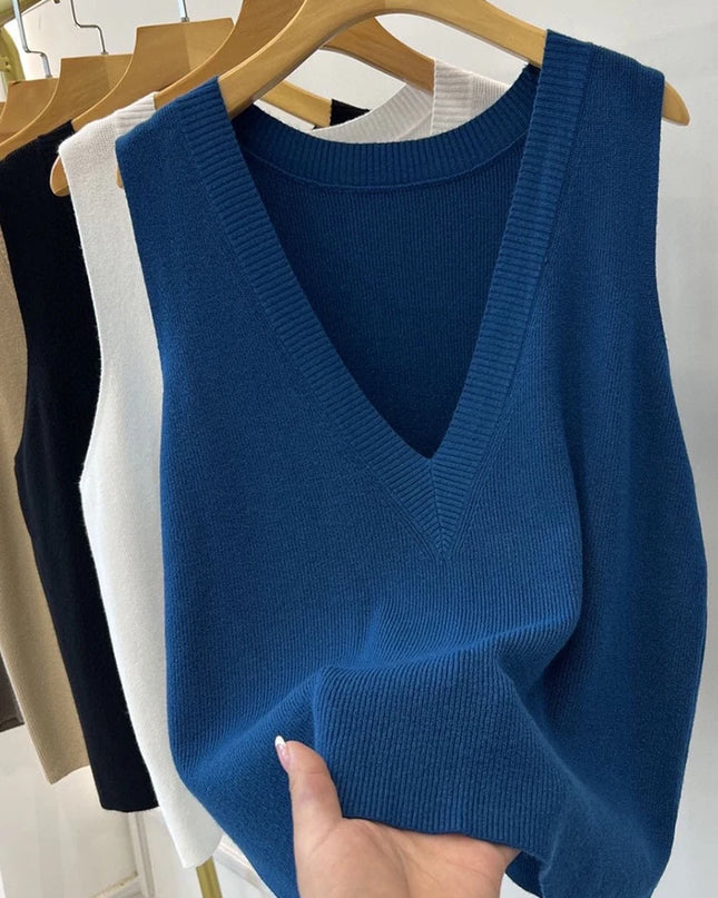 Knitted  Top V-neck Solid Tank - VOLDRI