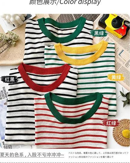 Stripe Knitted Round Collar T-Shirt - VOLDRI