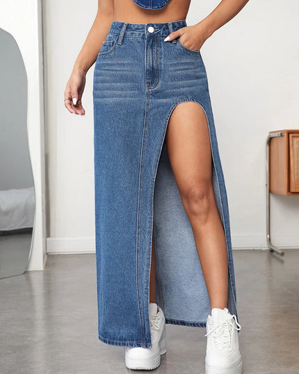 Denim Split Midi Skirt - VOLDRI