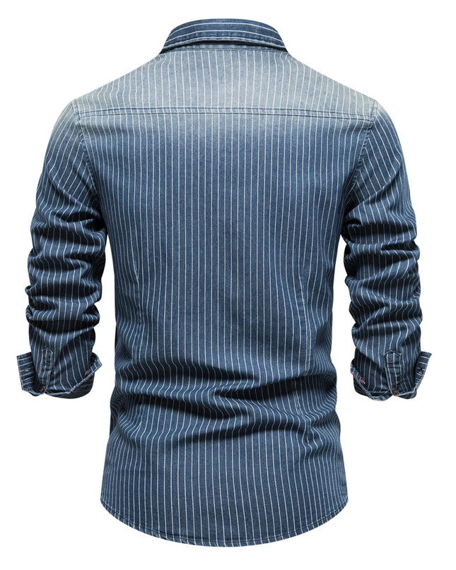 Striped Cotton Denim Shirts for Men - Casual Slim Fit