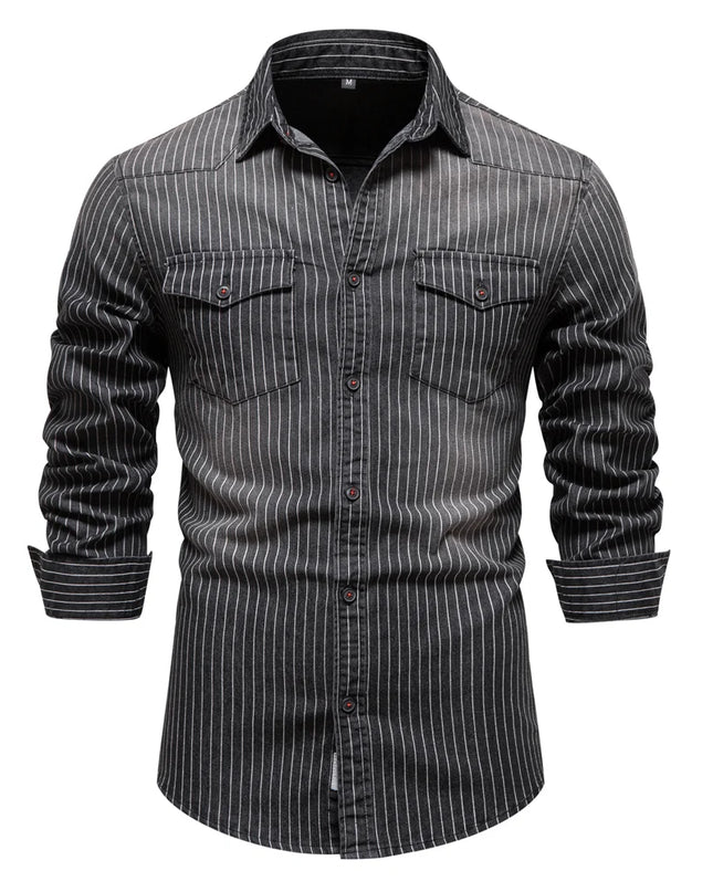 Striped Cotton Denim Shirts for Men - Casual Slim Fit
