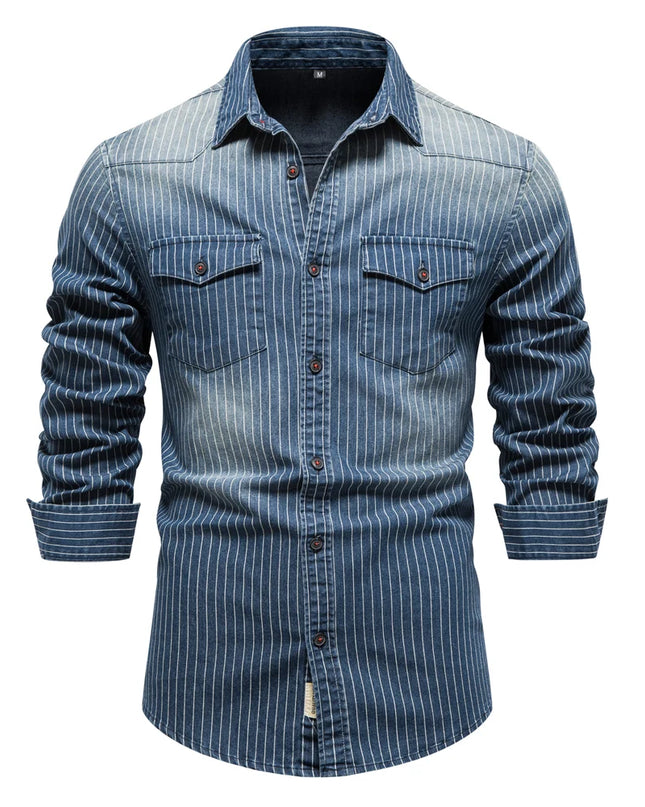 Striped Cotton Denim Shirts for Men - Casual Slim Fit