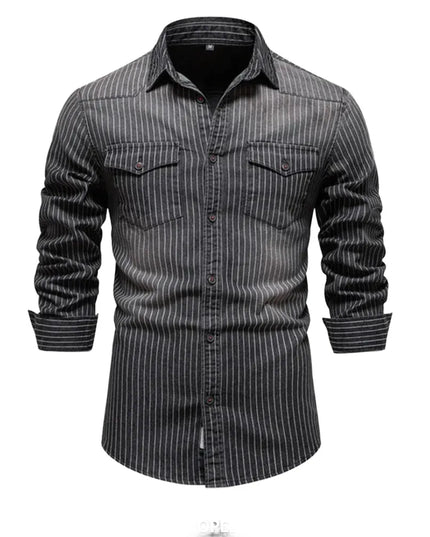 Striped Cotton Denim Shirts for Men - Casual Slim Fit