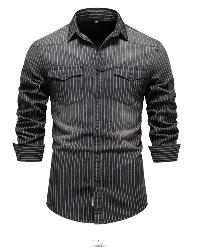 Striped Cotton Denim Shirts for Men - Casual Slim Fit