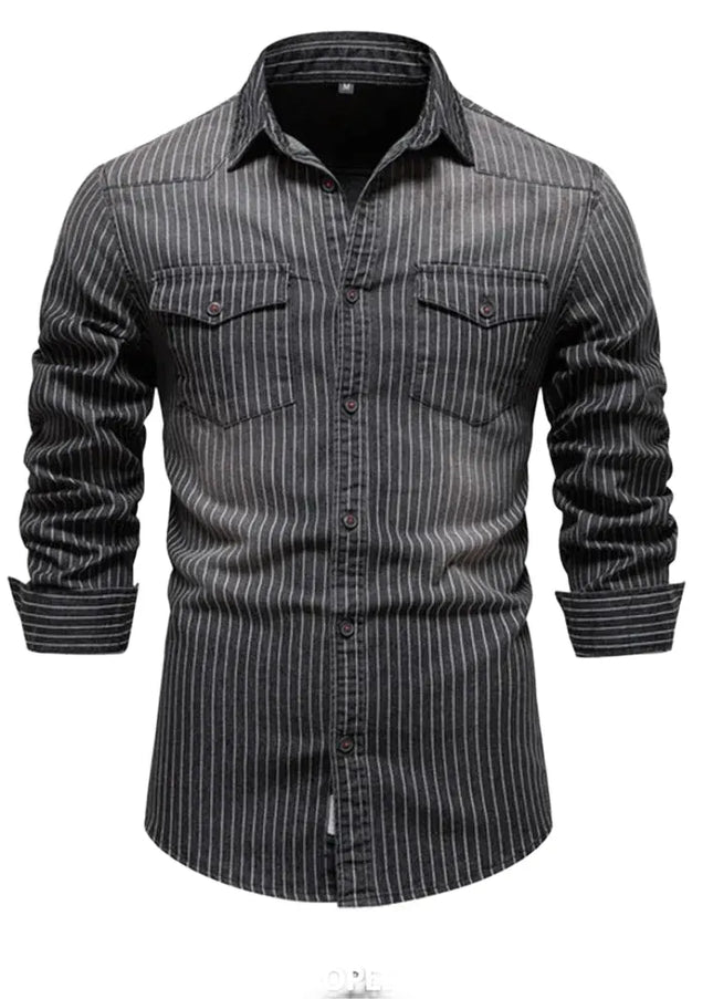 Striped Cotton Denim Shirts for Men - Casual Slim Fit