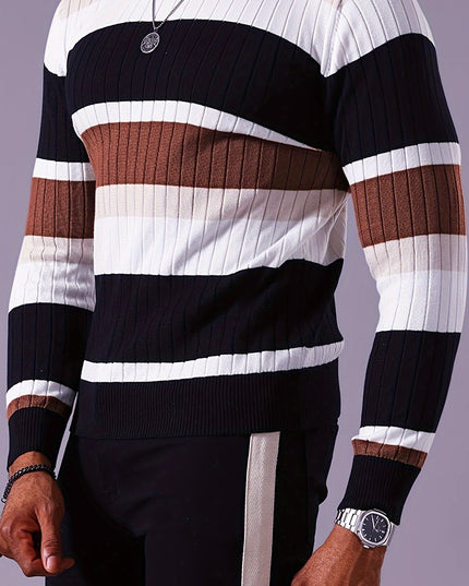 Striped Ribbed Pullover Sweater - Casual Long Sleeve Knit