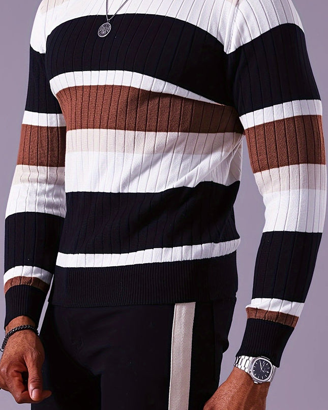 Striped Ribbed Pullover Sweater - Casual Long Sleeve Knit