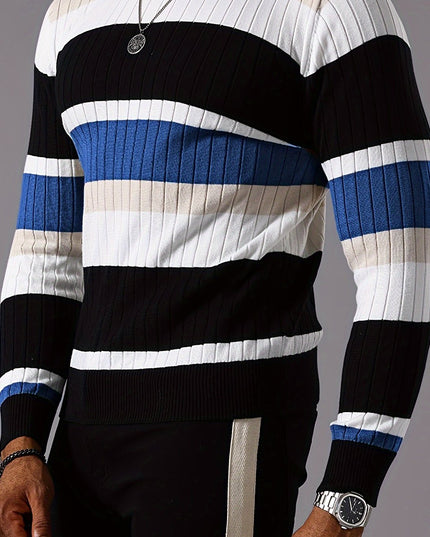 Striped Ribbed Pullover Sweater - Casual Long Sleeve Knit