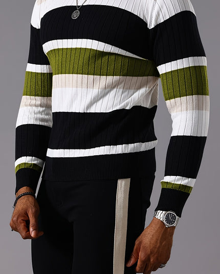 Striped Ribbed Pullover Sweater - Casual Long Sleeve Knit