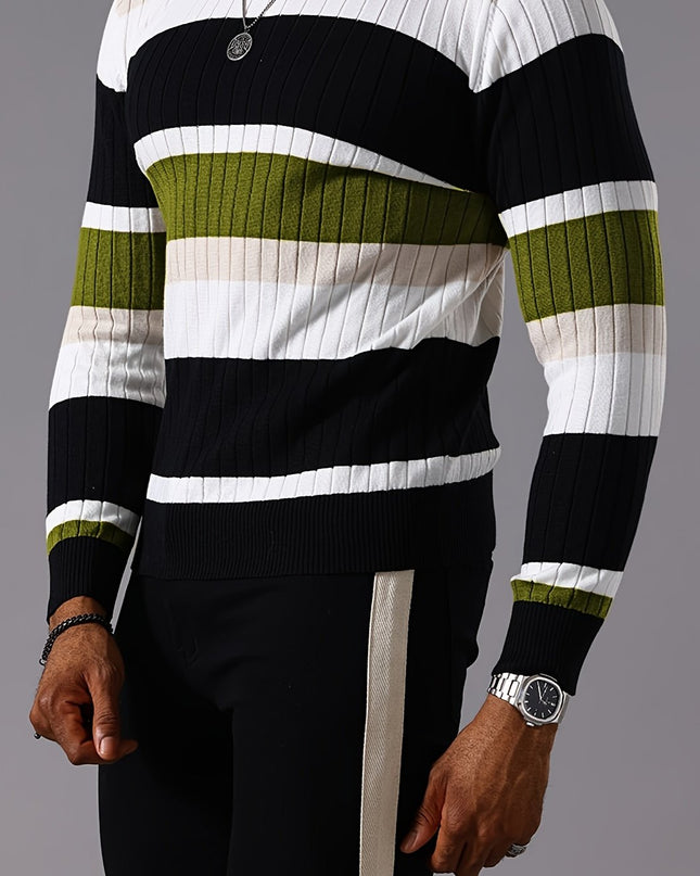 Striped Ribbed Pullover Sweater - Casual Long Sleeve Knit