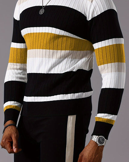 Striped Ribbed Pullover Sweater - Casual Long Sleeve Knit