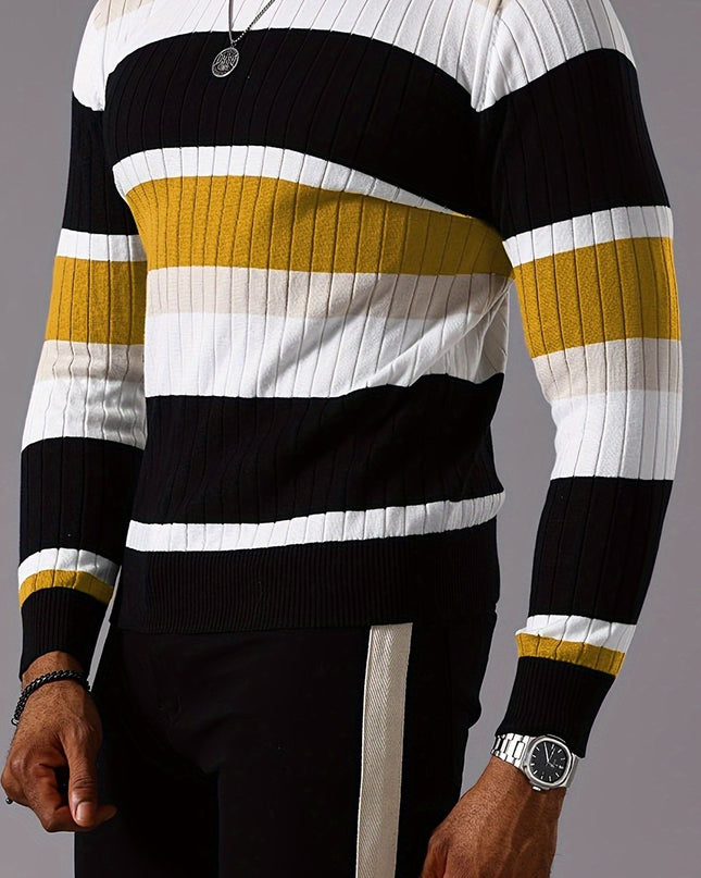 Striped Ribbed Pullover Sweater - Casual Long Sleeve Knit