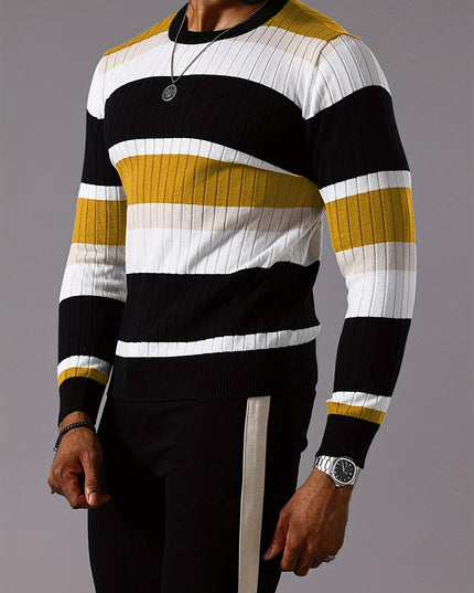 Striped Ribbed Pullover Sweater - Casual Long Sleeve Knit